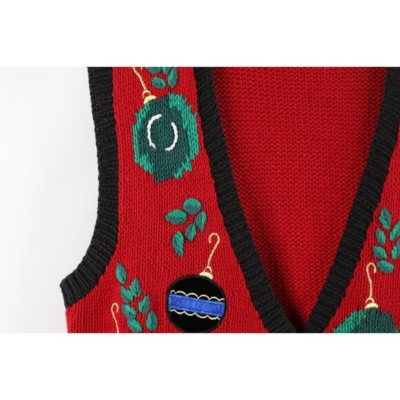 Vintage 90s Streetwear Medium Christmas Ornaments Knit Cardigan Sweater Vest - Picture 5 of 12